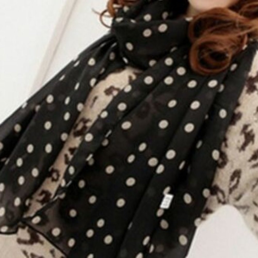Black “Dotty” chiffon polka dots $6.99 Shipping neck/head scarf 25X58" Larg NWOT